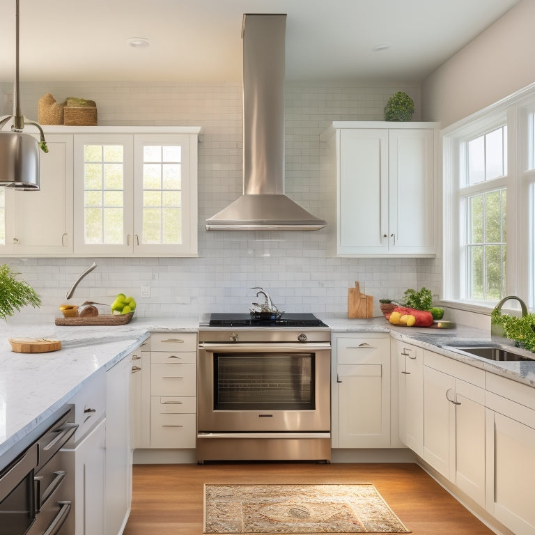 A bright, modern kitchen with a refurbished range hood as the centerpiece, surrounded by sleek white cabinets, stainless steel appliances, and a large window with natural light pouring in.