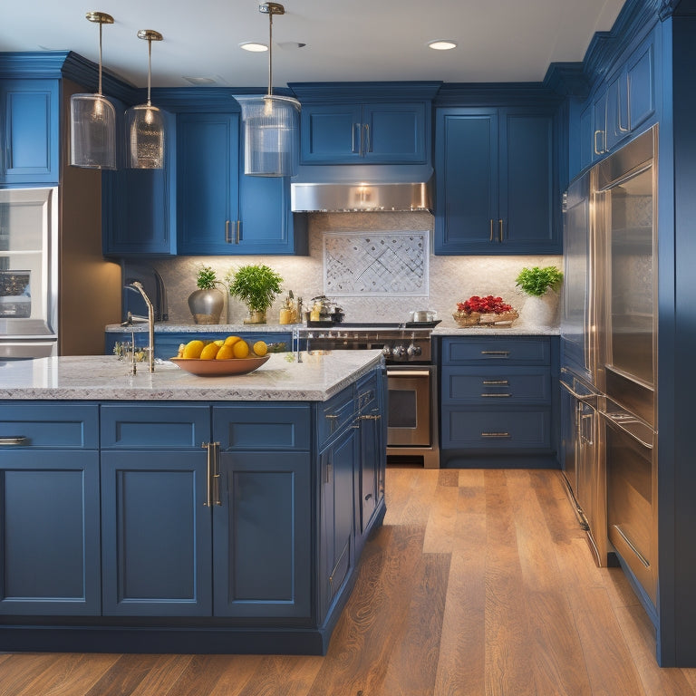 A bright, modern kitchen with rich, dark wood custom cabinets featuring ornate carvings, soft-close drawers, and elegant hardware, surrounded by sleek quartz countertops and stainless steel appliances.