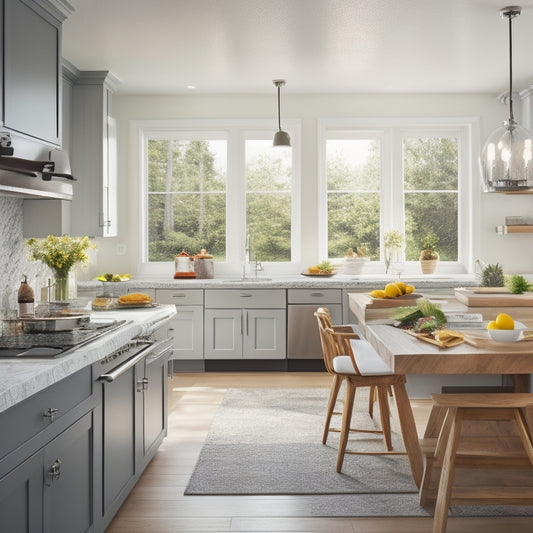 A bright, modern kitchen with a U-shaped countertop, a sink under a large window, and a kitchen island with a built-in cooktop, surrounded by organized utensils and appliances.