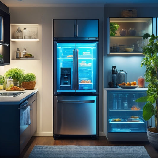 A modern kitchen with a Samsung fridge as the centerpiece, its doors and compartments open, revealing organized shelves and baskets, with a subtle glow emanating from the smart display on the door.