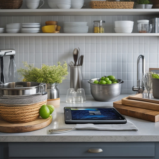 A tidy kitchen countertop with an iPad propped against a stainless steel stand, surrounded by organized utensils and cookbooks, with a few kitchen drawers and cabinets subtly visible in the background.