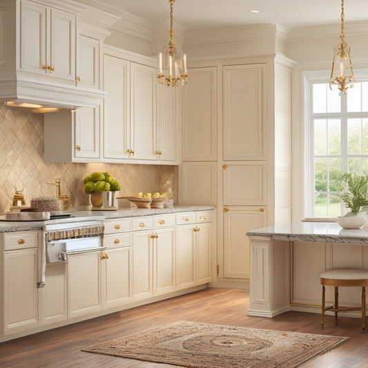 A warm and inviting kitchen with creamy white cabinets, adorned with ornate hardware, surrounded by gleaming hardwood floors, and topped with a stunning quartz countertop, under soft, golden lighting.