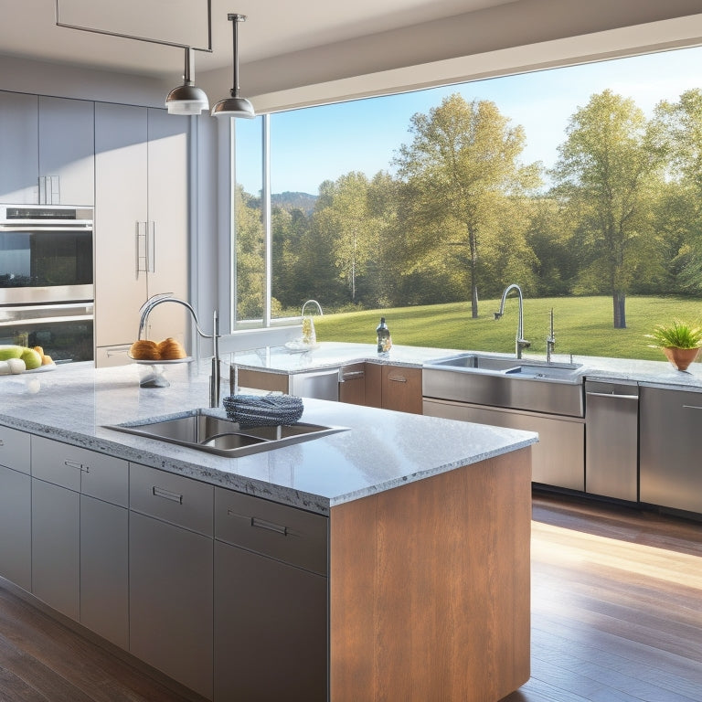 A sleek, modern kitchen with a large, granite-topped island, stainless steel appliances, and a floor-to-ceiling window; a polished chrome faucet with a curved spout and lever handle takes center stage.