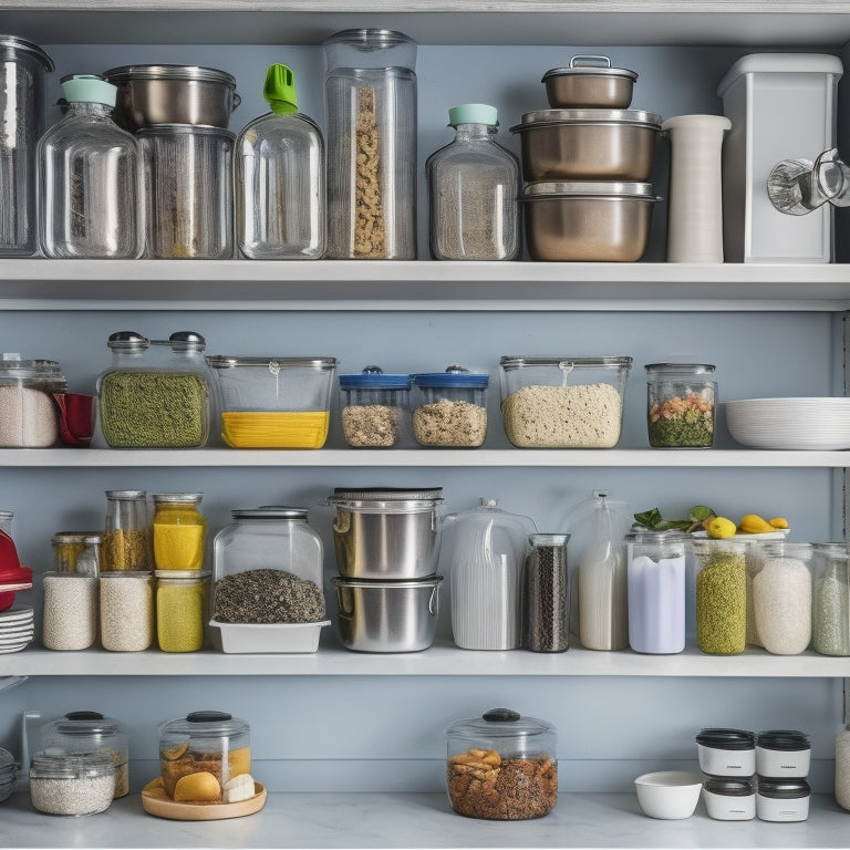 A cluttered kitchen cabinet with stacks of mismatched containers, tangled utensils, and expired food, contrasted with a sleek, organized cabinet featuring uniform containers, neatly arranged cookware, and a clean, empty countertop.