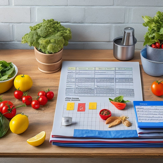 A colorful, organized kitchen countertop with a weekly meal planning calendar, a set of labeled containers, a chef's hat, and a few fresh ingredients like cherry tomatoes and basil, surrounded by utensils and a kitchen towel.