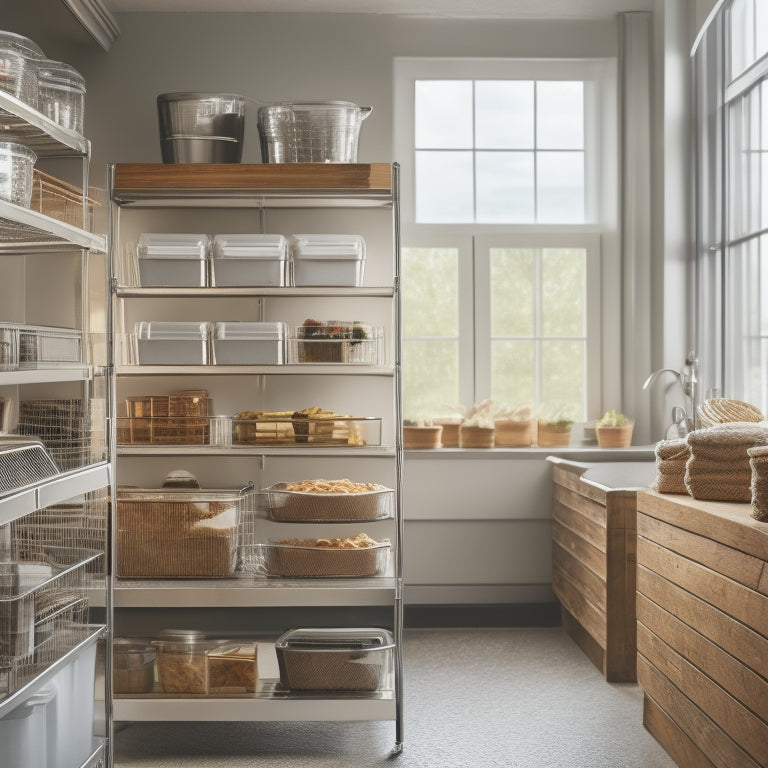 A tidy, well-organized restaurant storage room with stainless steel shelves, labeled bins, and a rolling ladder, illuminated by soft, natural light streaming through a nearby window.