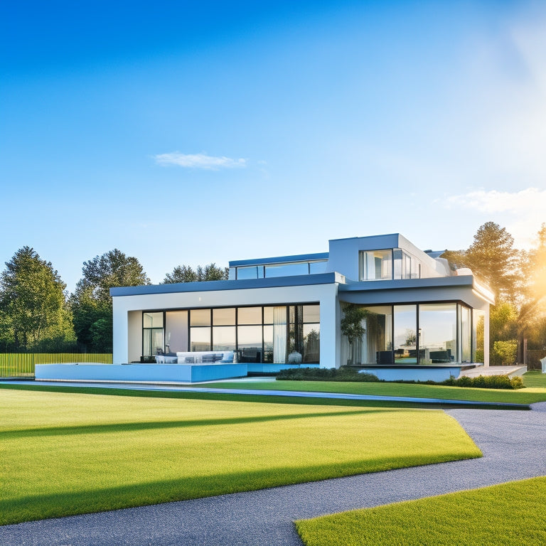 A luxurious modern home with a "sold" sign on the lawn, set against a sunny blue sky with a few puffy white clouds, surrounded by lush greenery and a subtle cityscape in the background.