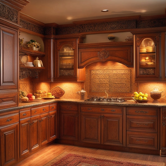 A serene, well-lit kitchen with custom-built cabinets featuring intricate carvings, ornate hardware, and a mix of open shelving and closed storage, surrounded by warm, honey-toned wood accents.