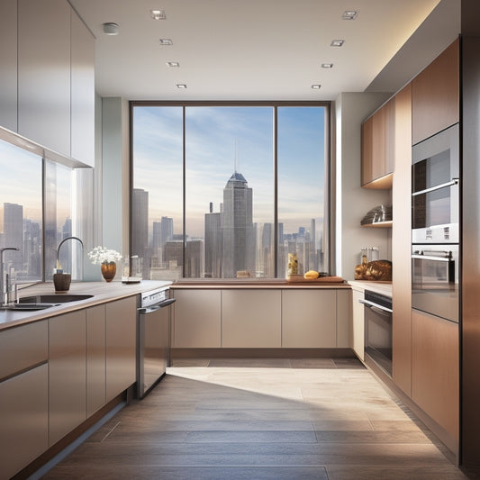 A modern L-shaped kitchen with sleek white cabinets, dark wood countertops, and stainless steel appliances, set against a backdrop of warm beige walls and large windows with a city view.