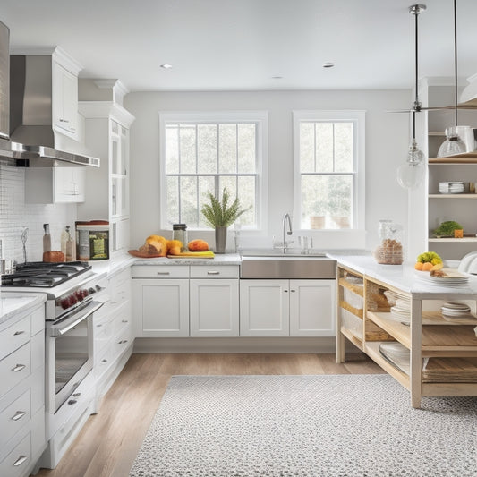 A bright, modern kitchen with sleek white cabinets, stainless steel appliances, and a large island in the center, featuring a utensil holder, spice rack, and a few neatly arranged cookbooks.