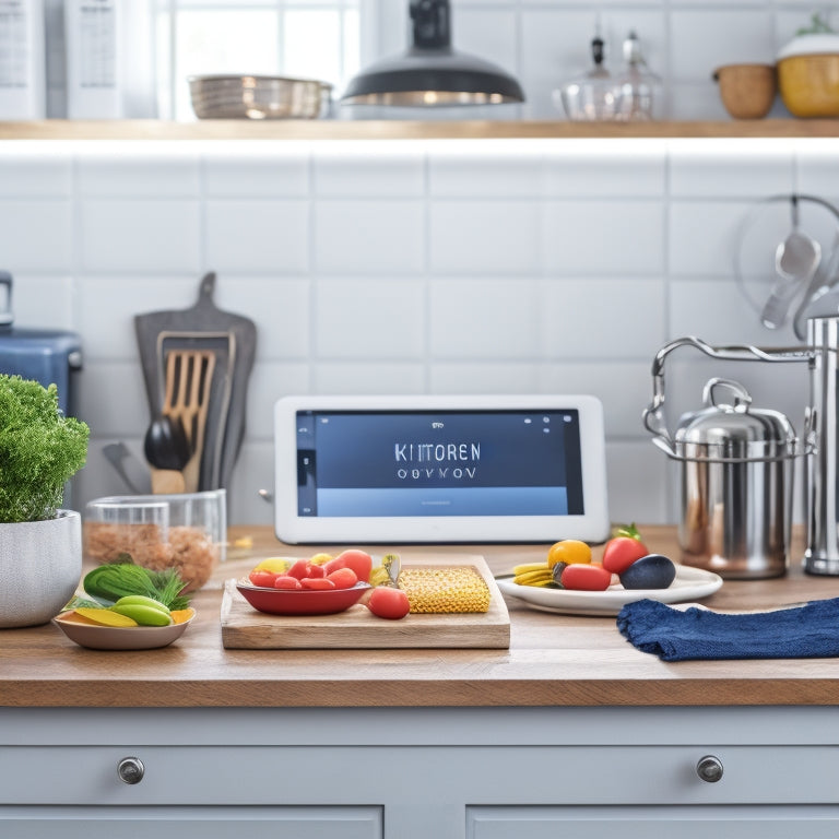 A clutter-free kitchen counter with a tablet displaying a kitchen tool organization app, surrounded by neatly arranged utensils, a utensil organizer, and a few recipe books in the background.