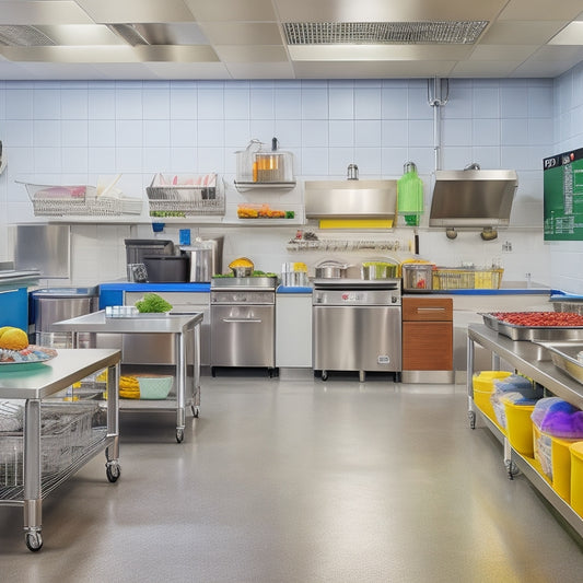 A bustling commercial kitchen with stainless steel countertops, utensils, and appliances, featuring a central prep station with colorful, labeled bins and a large, organized whiteboard in the background.