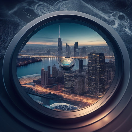 A stylized, minimalist illustration of a magnifying glass hovering above a vinyl record, surrounded by subtle, swirling sound waves and faint European city skylines in the background.