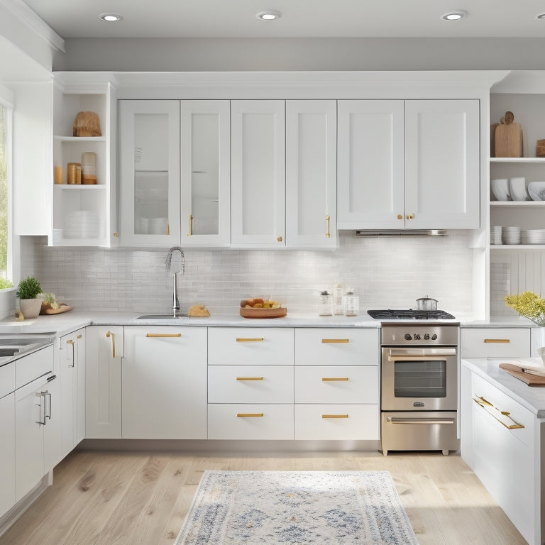 A bright, modern kitchen with sleek white cabinets, featuring a pull-out spice rack, a lazy susan in a corner cabinet, and adjustable shelves with baskets and dividers, surrounded by gleaming countertops and stainless steel appliances.