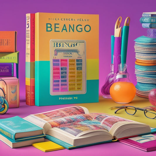A vibrant, whimsical illustration featuring a bingo card with book covers instead of numbers, surrounded by scattered pages, bookmarks, and reading glasses, set against a warm, gradient background with subtle bookshelf silhouettes.
