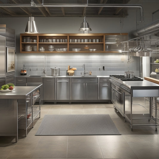 A partially lit, industrial-style kitchen with stainless steel countertops, a central island, and a few key equipment pieces: a commercial range, a walk-in refrigerator, and a dishwasher, with utensils and cookware neatly organized around them.