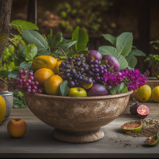 A vibrant, overflowing fruit bowl on a rustic wooden table, with a few slightly wilted leaves and a small compost bin in the background, surrounded by lush greenery.