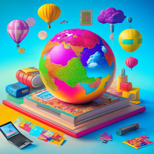 An illustration of a vibrant, stylized globe with puzzle pieces fitting together, surrounded by diverse learning objects like laptops, books, and microscopes, amidst swirling clouds of colorful shapes and connections.