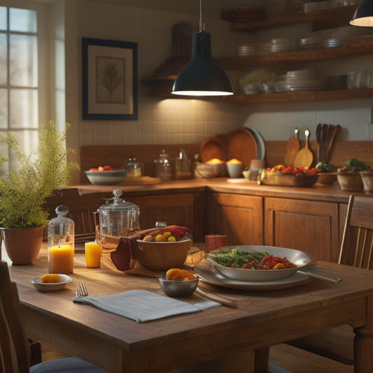 A warm, well-lit kitchen with a large, wooden dining table set for a family dinner, surrounded by blurred-out cookbooks and a few strategically placed utensils, with a subtle clock in the background.