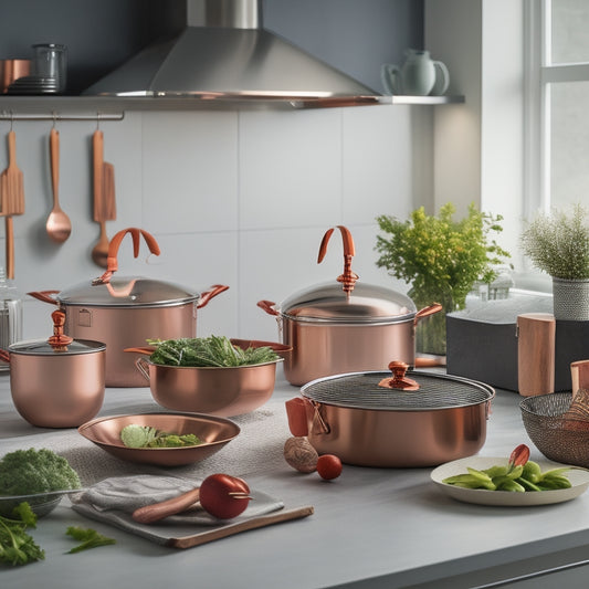 A sleek, modern kitchen with a stainless steel countertop, featuring a 10-piece cookware set with gleaming copper accents, surrounded by fresh ingredients and a few strategically placed utensils.