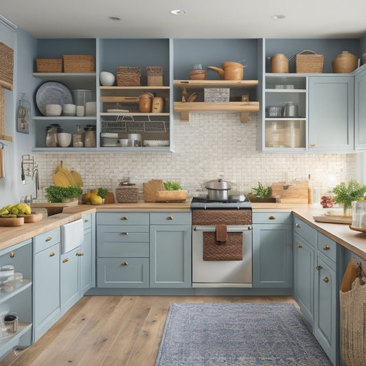 A bright, modern kitchen with warm wooden cabinets, a large island, and sleek appliances, featuring a perfectly organized pantry with labeled baskets, a utensil organizer, and a pegboard with hanging pots.