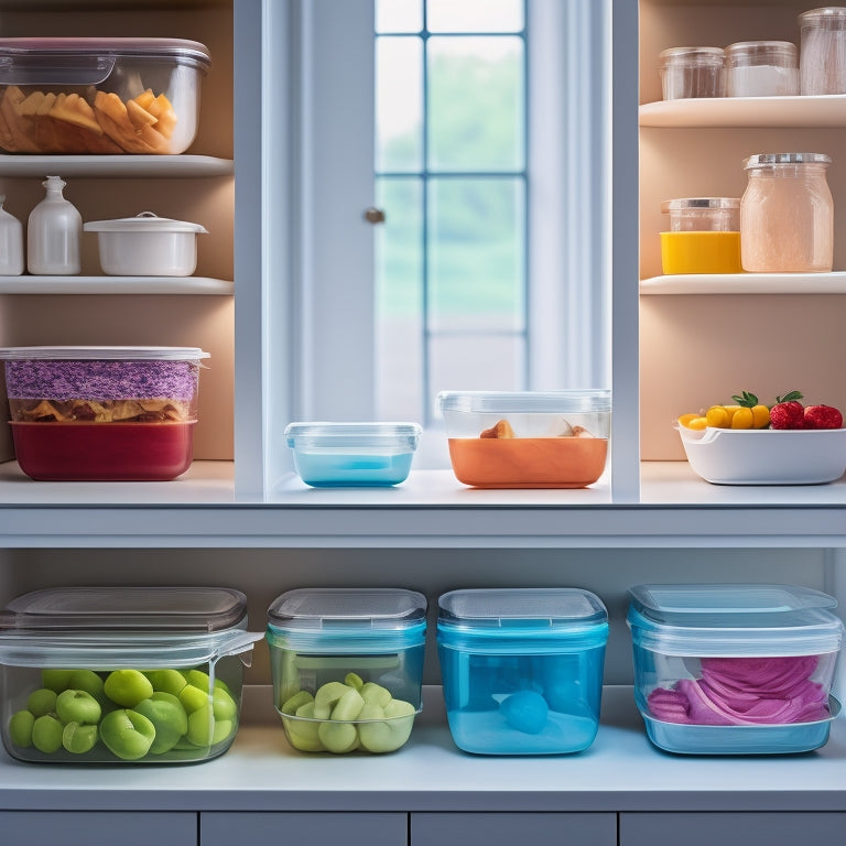 A serene kitchen cupboard with 5-6 stacked Tupperware containers in a gradient of sizes, each filled with a different type of food, surrounded by empty space and soft, warm lighting.