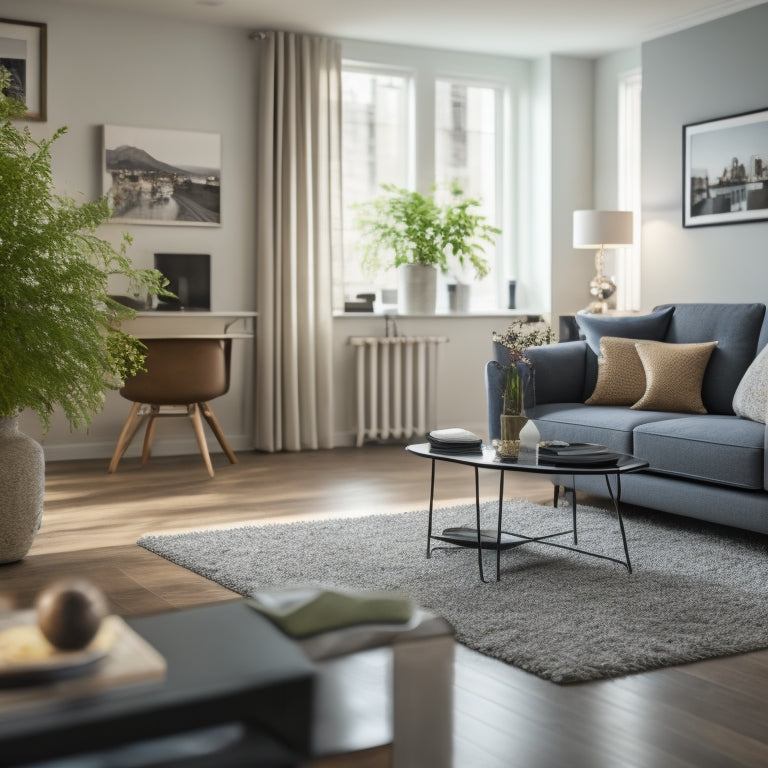 A serene, modern living room with a sparkling clean floor, a vacuum cleaner in the corner, and a real estate agent's briefcase and business cards on a nearby coffee table.