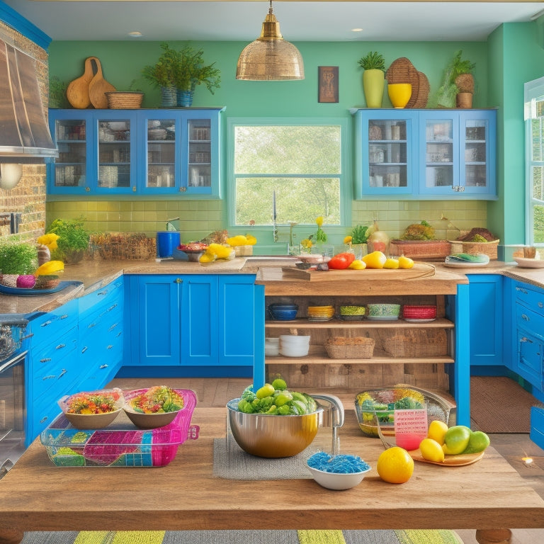 A bright, modern kitchen with a large, wooden island in the center, surrounded by colorful, organized meal prep containers, utensils, and a large, open cookbook with a calendar in the background.