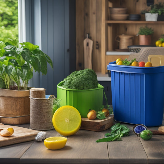A vibrant kitchen scene with a wooden cutting board, half-peeled vegetables, and a compost bin in the background, surrounded by lush greenery and a few strategically placed reusable containers.