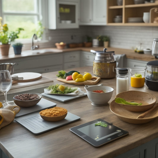 A tidy kitchen counter with a senior's hands holding a tablet, surrounded by a digital kitchen scale, a recipe book, and a few utensils, with a blurred background of kitchen cabinets and a window.