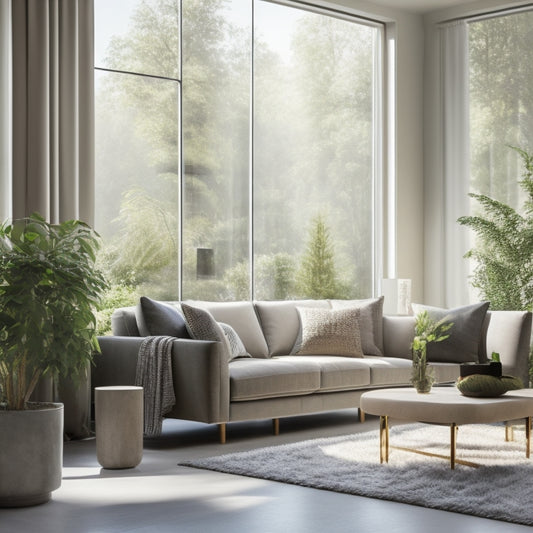 A serene, modern living room with a large window, plush sofa, and minimalist decor, surrounded by a lush green garden, with a hint of warm sunlight peeking through the blinds.