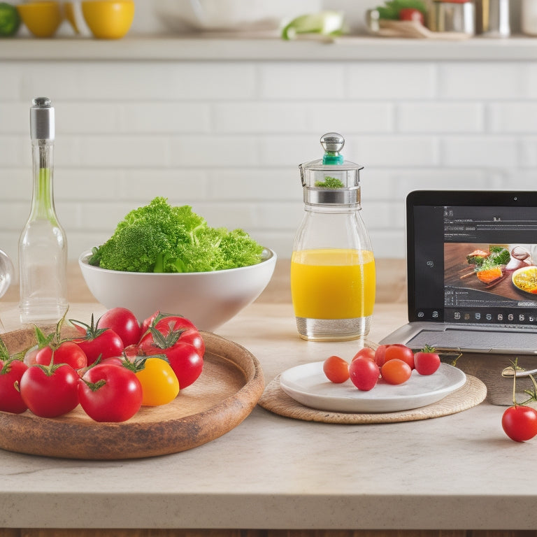 A colorful kitchen counter with a laptop, a whisk, and a mixing bowl, surrounded by fresh ingredients like cherry tomatoes, basil, and mozzarella, with a blurred cooking class in the background.