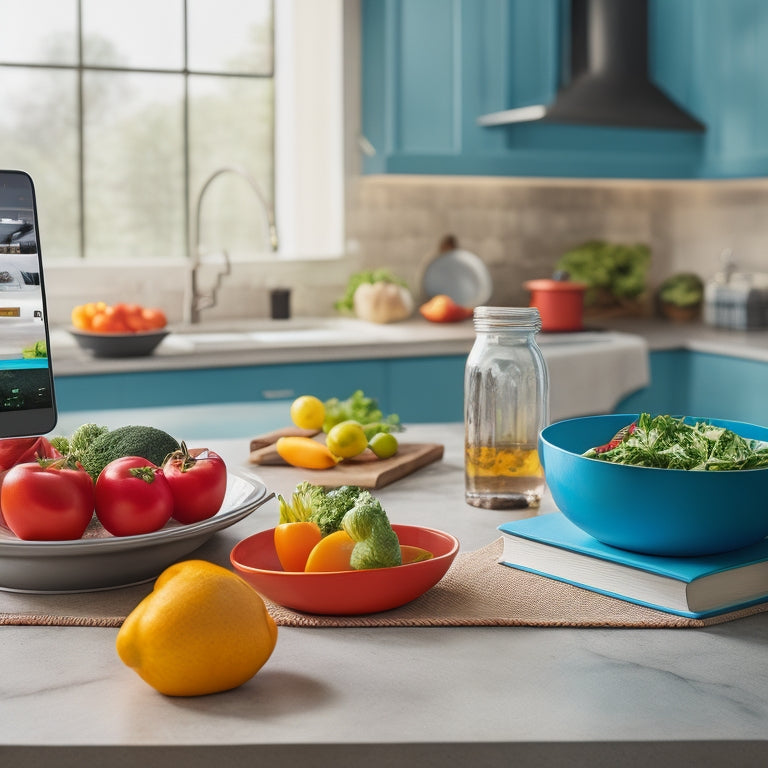 A vibrant, modern kitchen with a sleek smartphone on the counter, surrounded by fresh vegetables, a mixing bowl, and a cookbook, with a subtle tablet or laptop in the background.