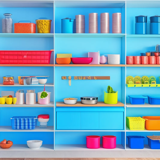 A colorful illustration of a well-organized kitchen with categorized storage bins, labeled shelves, and a utensil organizer on the wall, surrounded by a minimalist white background.