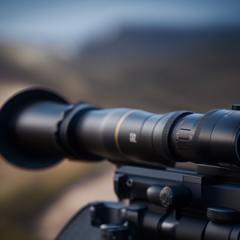 A close-up of a rifle scope's sleek, matte-black body with intricate machined details, set against a blurred, earthy background, with a subtle hint of sunlight casting a highlight on the objective lens.