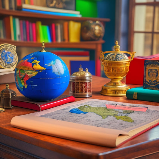 A desk with a globe, a plate of diverse international cuisine, and a stack of documents with flags of different countries on them, surrounded by translating dictionaries and a pair of glasses.