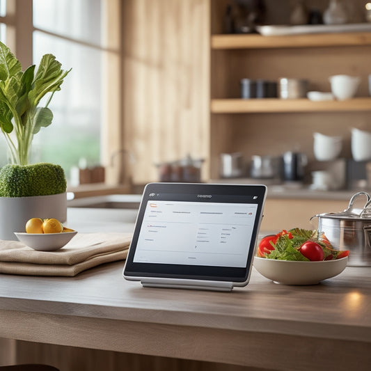 A modern, minimalist restaurant interior with a tablet displaying a digital supply order form on a wooden counter, surrounded by fresh produce and utensils, with a blurred kitchen background.