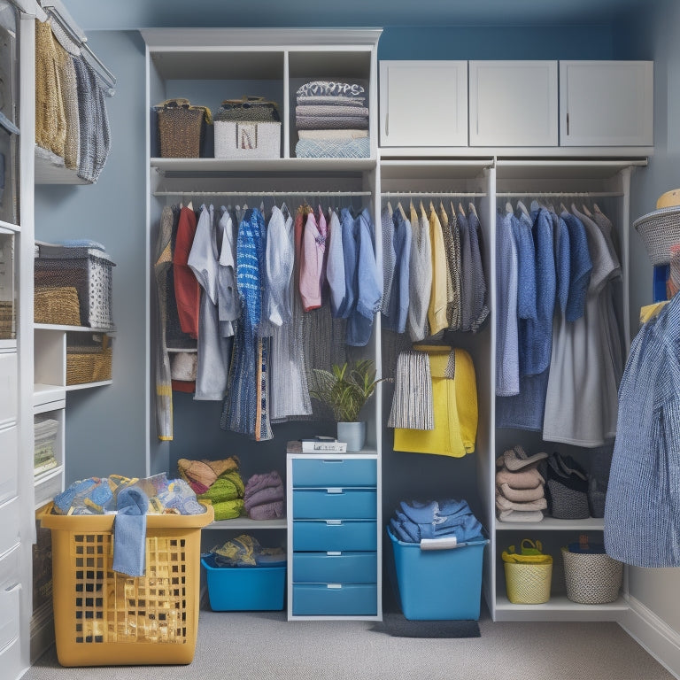 A tidy, well-lit closet with stacked, labeled bins and shelves, holding folded kids' clothes, with a few hanging outfits and a few hand-me-down bins in the corner, with a few toys on a shelf.