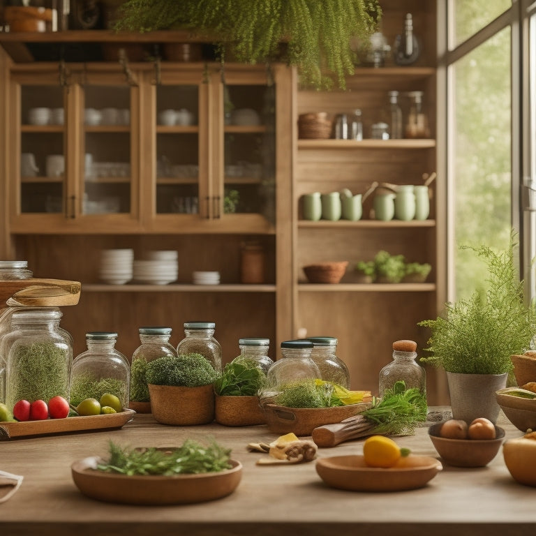 A warm, organized kitchen with a large, wooden island in the center, adorned with a few, neatly labeled, glass meal prep containers and a single, fresh, green sprig of rosemary.