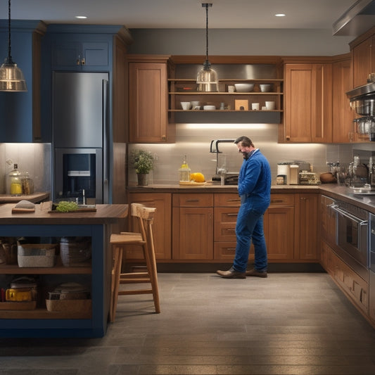 A well-lit, modern kitchen with sleek cabinetry, featuring a skilled craftsman in the background, surrounded by precision tools, measuring tapes, and levelers, with a partially installed cabinet in the foreground.