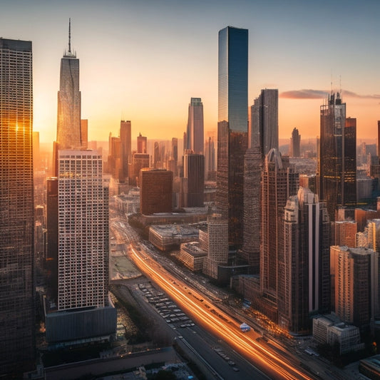 A luxurious, modern, sleek cityscape at sunset with high-rise buildings, gleaming skyscrapers, and bustling streets, featuring a prominent, glowing, golden keyhole amidst the urban landscape.