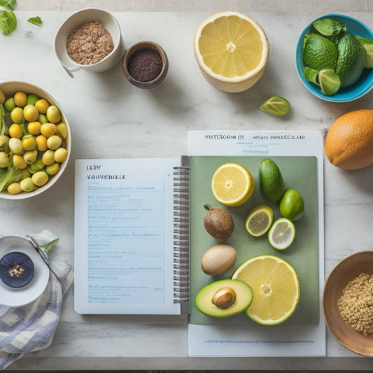 A stylized kitchen background with a laptop open to a meal planning website, surrounded by healthy keto ingredients like avocado, eggs, and fish, with a few cookbooks and a planner nearby.