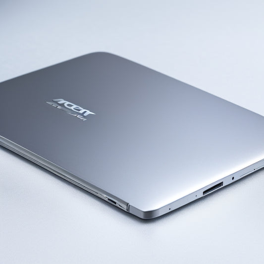 A close-up of the Acer C731-C8VE Chromebook's sleek, silver lid, with a subtle texture and Chrome logo, on a clean, minimalist background, with a slight shadow underneath.