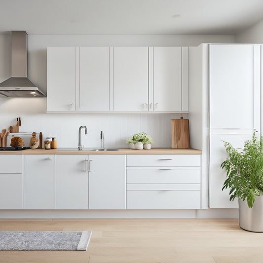 A minimalist kitchen with creamy white cabinets, sleek silver appliances, and a large, empty countertop, featuring a single, perfectly placed, wooden cutting board and a few strategically arranged utensils.