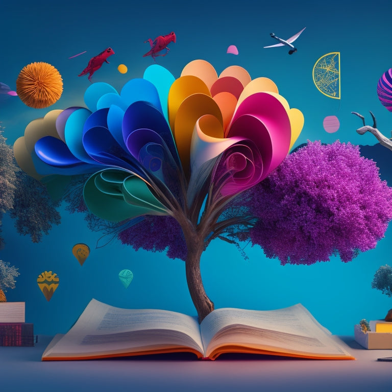 Illustrate a vibrant, curved branch with colorful sticky notes and icons radiating from a central idea bubble, surrounded by swirling clouds and subtle gears, conveying organized creativity.