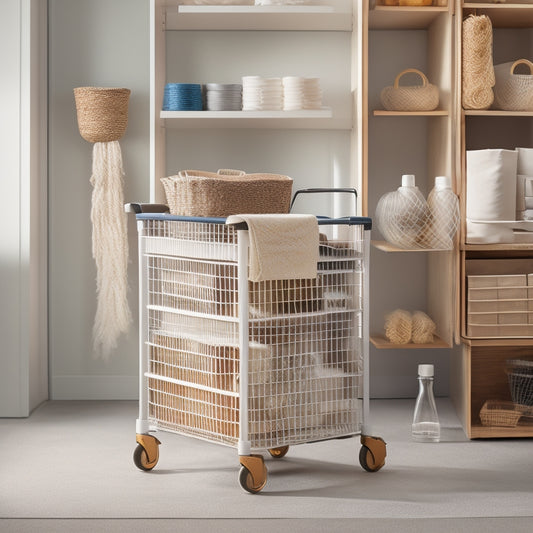 A tidy, well-lit craft cart with labeled baskets, neatly arranged supplies, and a few strategically placed dividers, set against a clean, minimalist background.