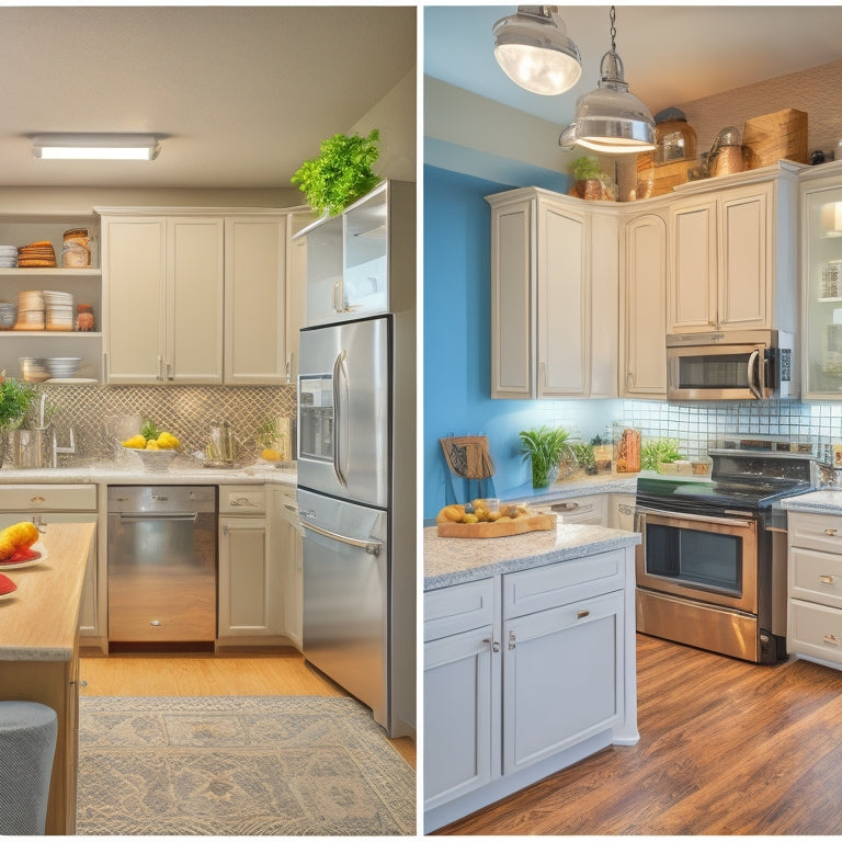 A before-and-after split-screen image of a cramped, cluttered galley kitchen with dim lighting, outdated appliances, and worn cabinets, transformed into a bright, airy space with sleek countertops, stainless steel appliances, and modern shelving.