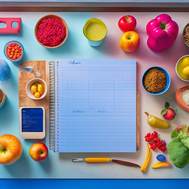 A colorful and organized kitchen countertop with a laptop, a meal planning calendar, a grocery list notepad, and a few fresh ingredients like apples and carrots, surrounded by a subtle background of utensils and cookbooks.