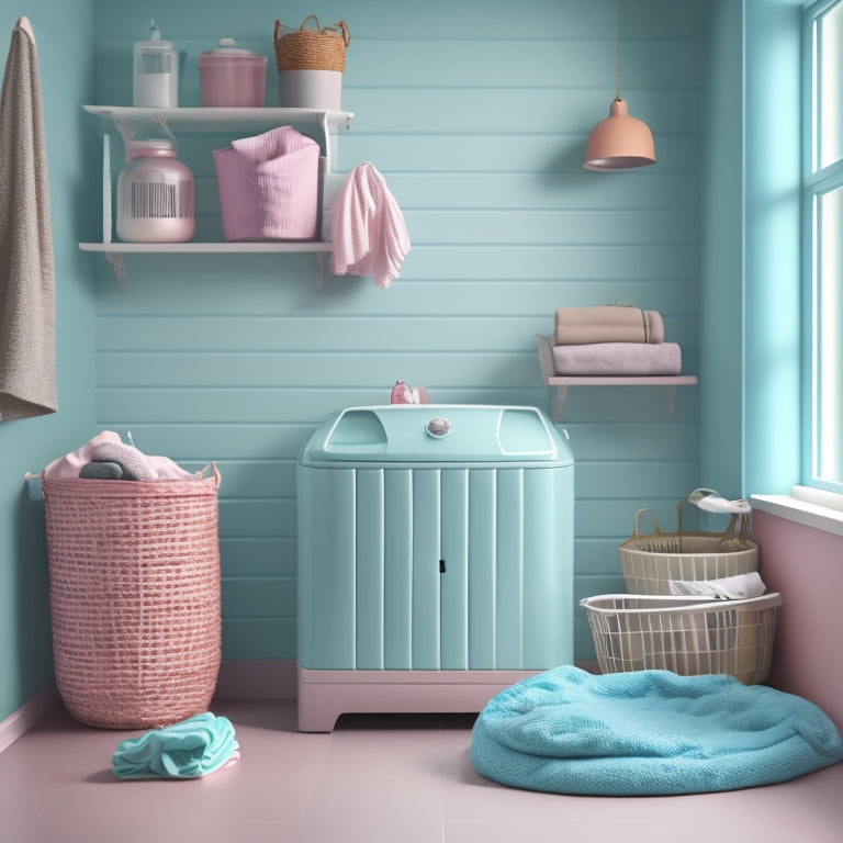 A minimalist, pastel-hued illustration of a laundry room with a vintage washing machine, woven basket, and a clothesline with pinned-up labels in various shapes, sizes, and colors.