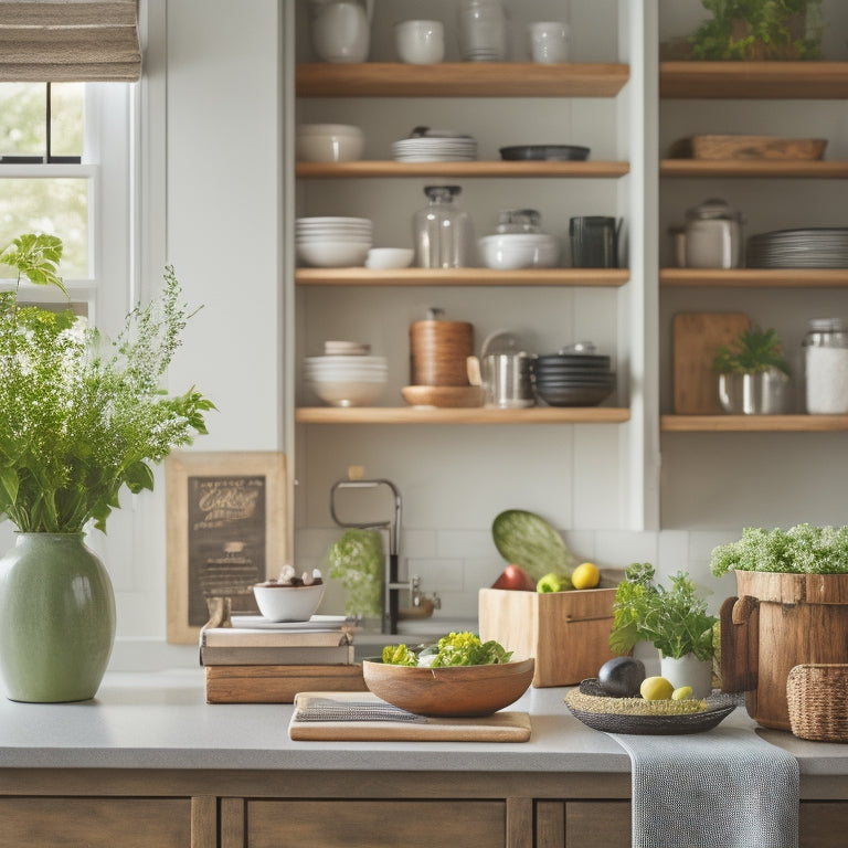 A serene, well-organized kitchen with a few, carefully selected cookbooks on a wooden shelf, a utensil organizer on the counter, and a single, elegant vase with fresh greens on the island.